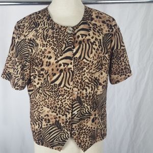 KATHY CHE LEOPARD PRINT BLACK TAN BROWN TOP SZ 14